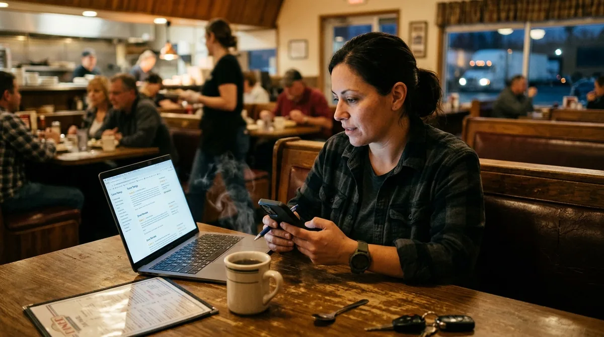 CDL driver comparing trucking-company review platforms on a laptop at a truck-stop diner