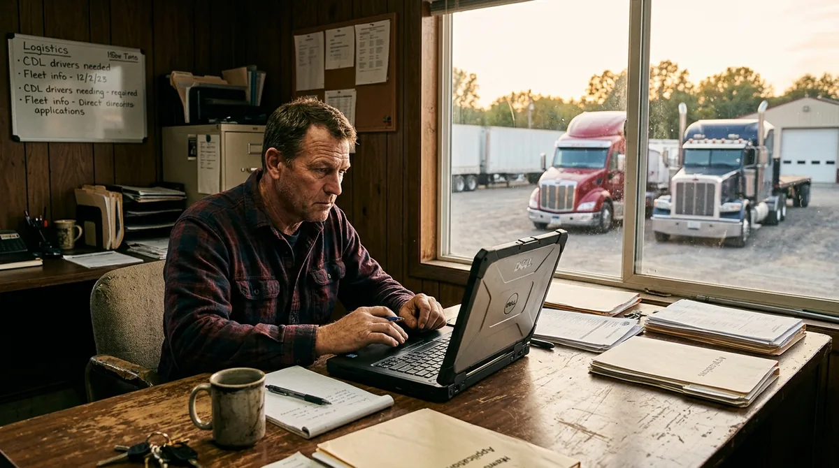 Small-fleet owner reviewing CDL driver job applications on a laptop in a truck-yard office