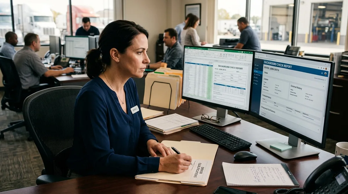 Carrier safety manager reviewing driver background-check reports on dual monitors in a fleet office