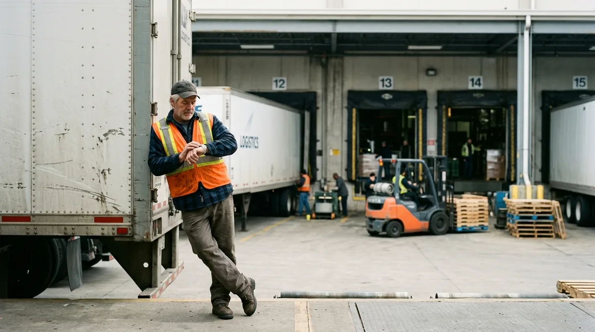 Truck driver in a hi-vis vest checking his watch while waiting at a warehouse loading dock