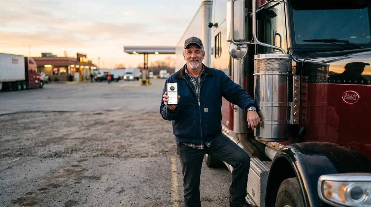 A veteran CDL truck driver beside his semi holding a phone showing his verified driver profile