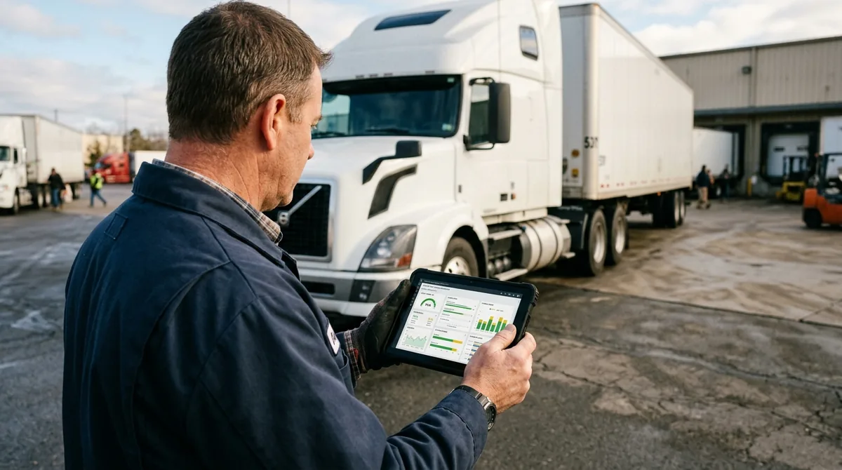 CDL driver reviewing a carrier safety-record dashboard on a tablet beside a parked semi-truck