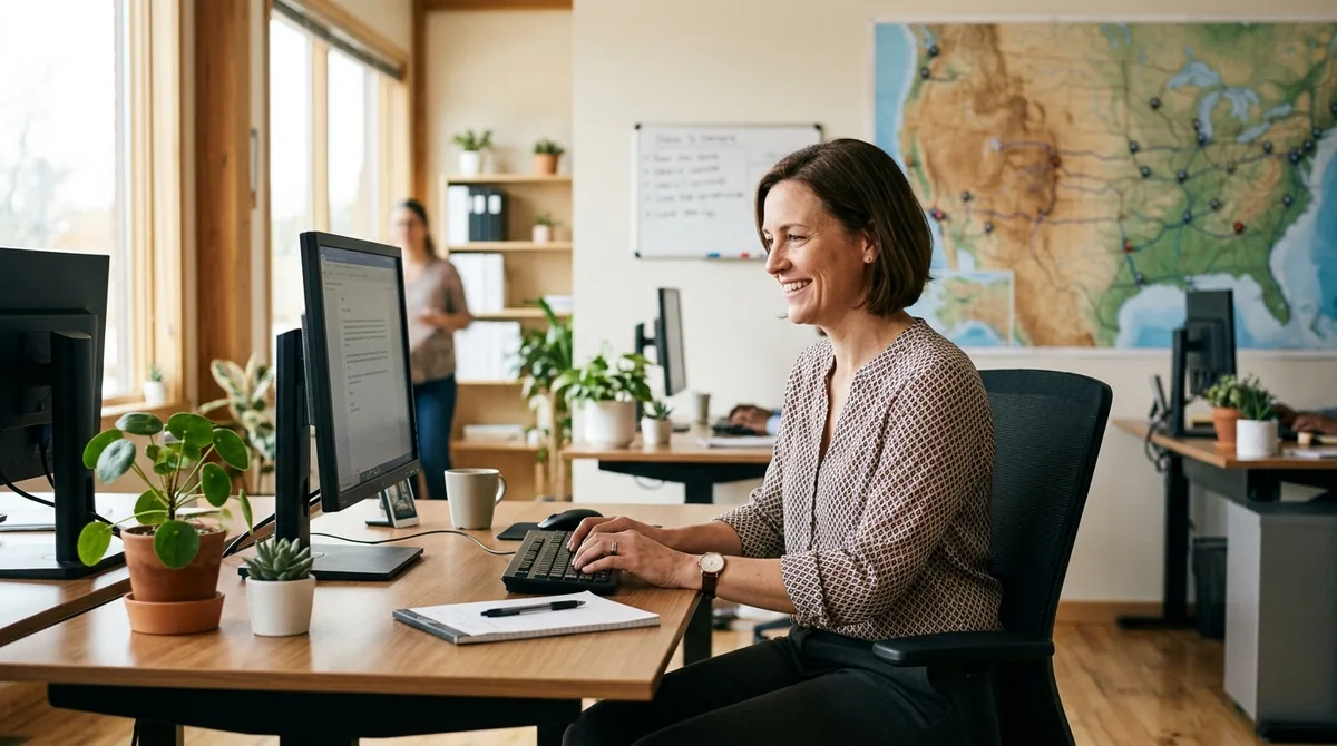 Trucking fleet manager replying to a driver review on a computer in a modern office