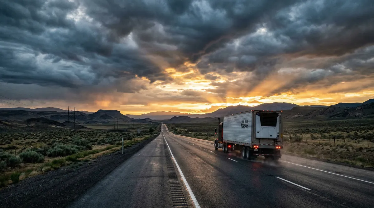 Semi truck driving at dawn on an empty highway with golden light breaking through storm clouds