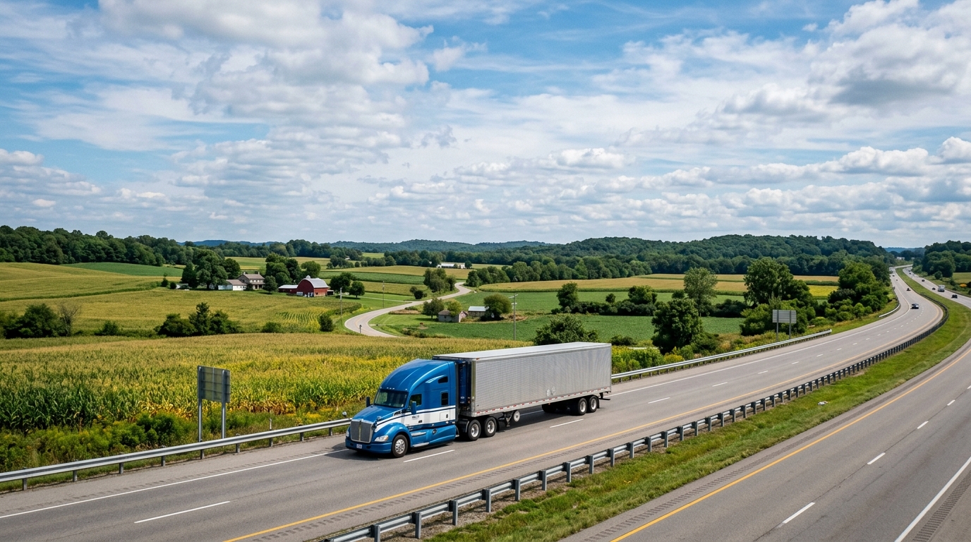 Truck driving on Ohio interstate highway at sunrise