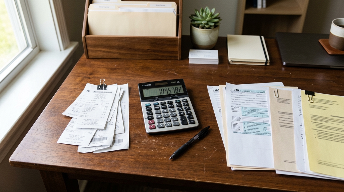 Truck driver reviewing tax paperwork at a truck stop