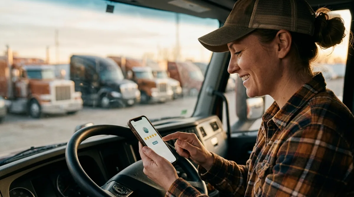 Truck driver tapping a five-star carrier rating into a smartphone app from the cab